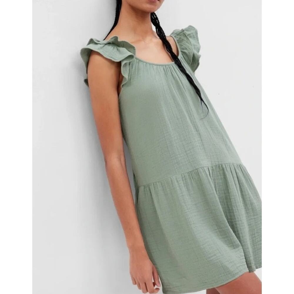 GAP Sleeveless Flutter Sleeve Gauzy Crinkle Tiered Hem Mini Dress Sage Green S